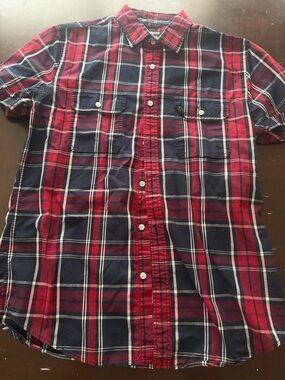 Express Men's Short-Sleeve Plaid Button-Down Shirt - Red & Navy